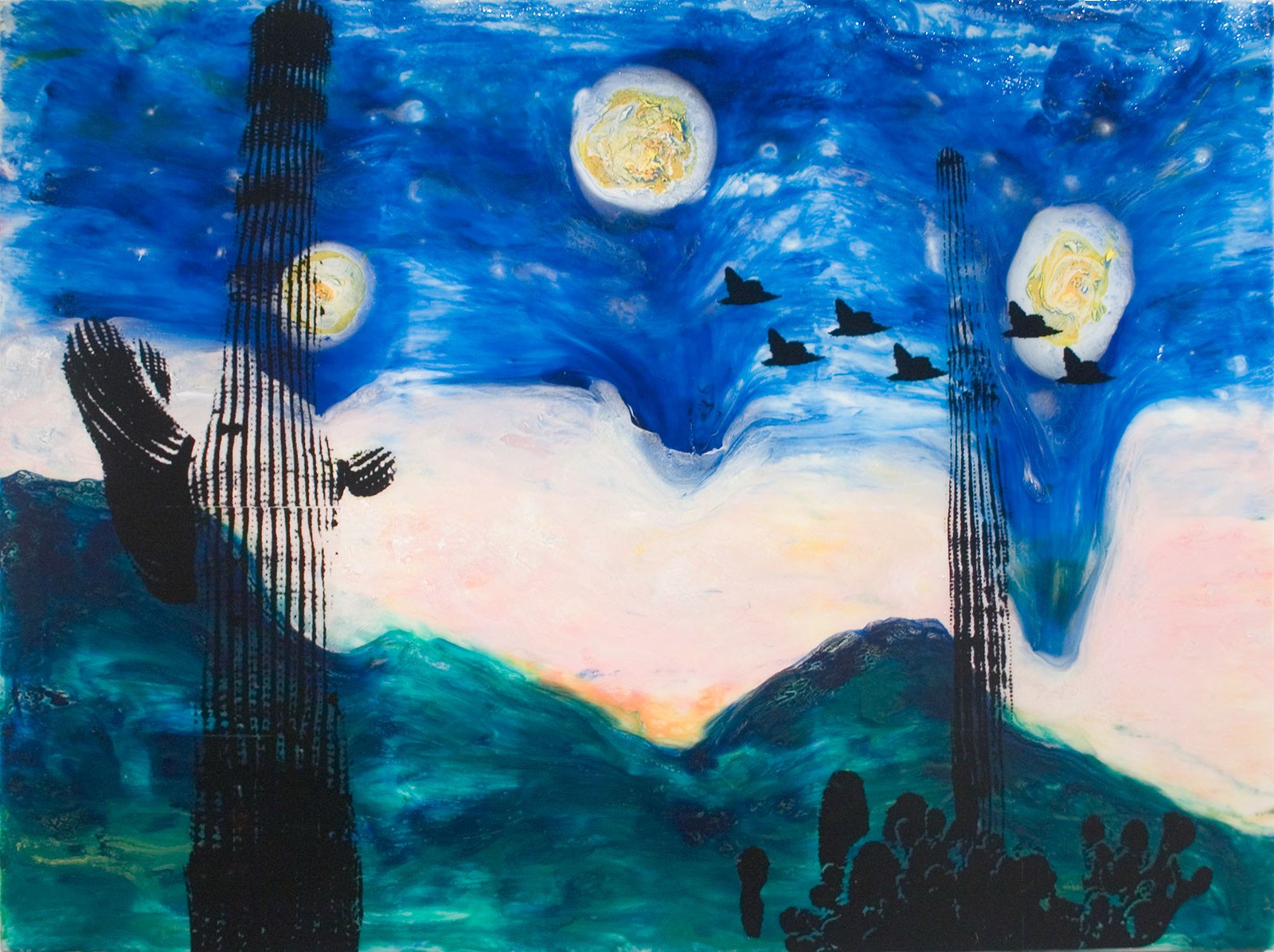 Dead Desert Night Series, 2007 48” x 36” Liquid Plastic, Oil Paint, Porcelain, Silk Screen, on Canvas. SOLD