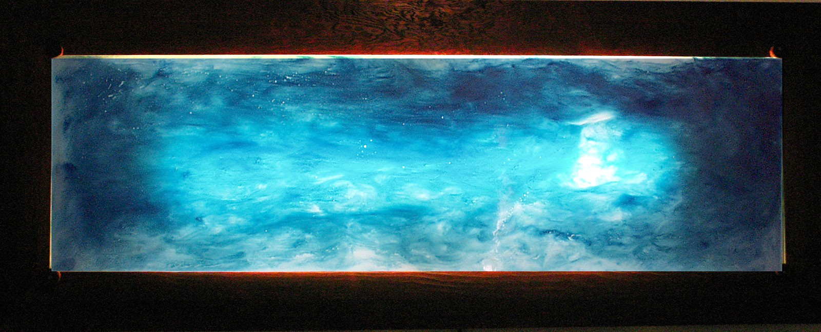 Ocean, 2005 14" x 50" - Liquid Plastic, Porcelainizer and Oil Paint Mixture on Glass. Back-Lit Glass Painting. SOLD