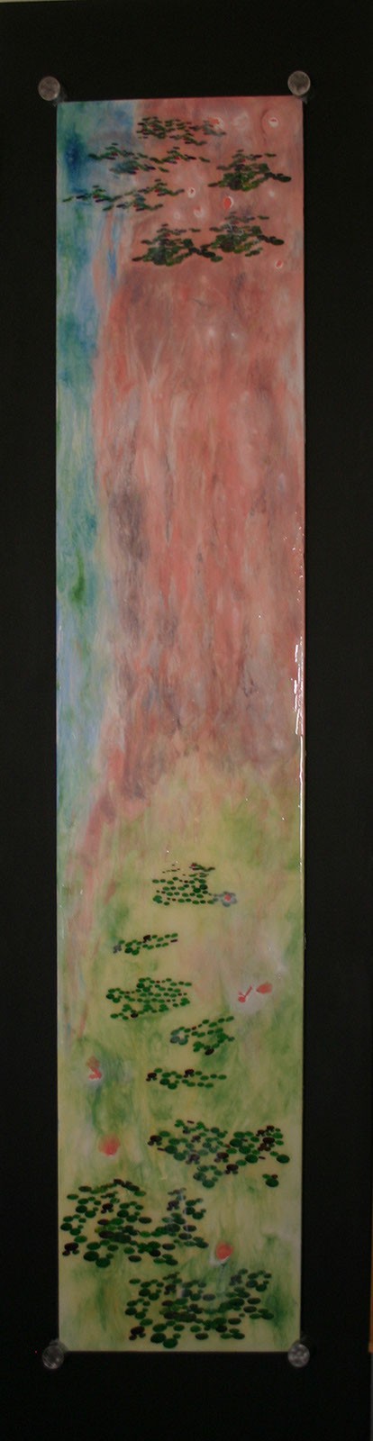 Water Lilies #9, 2008 16" x 80" - Liquid Plastic, Porcelainizer, Acetate Prints and Oil Paint Mixture on Glass. Back-Lit Glass Painting. SOLD